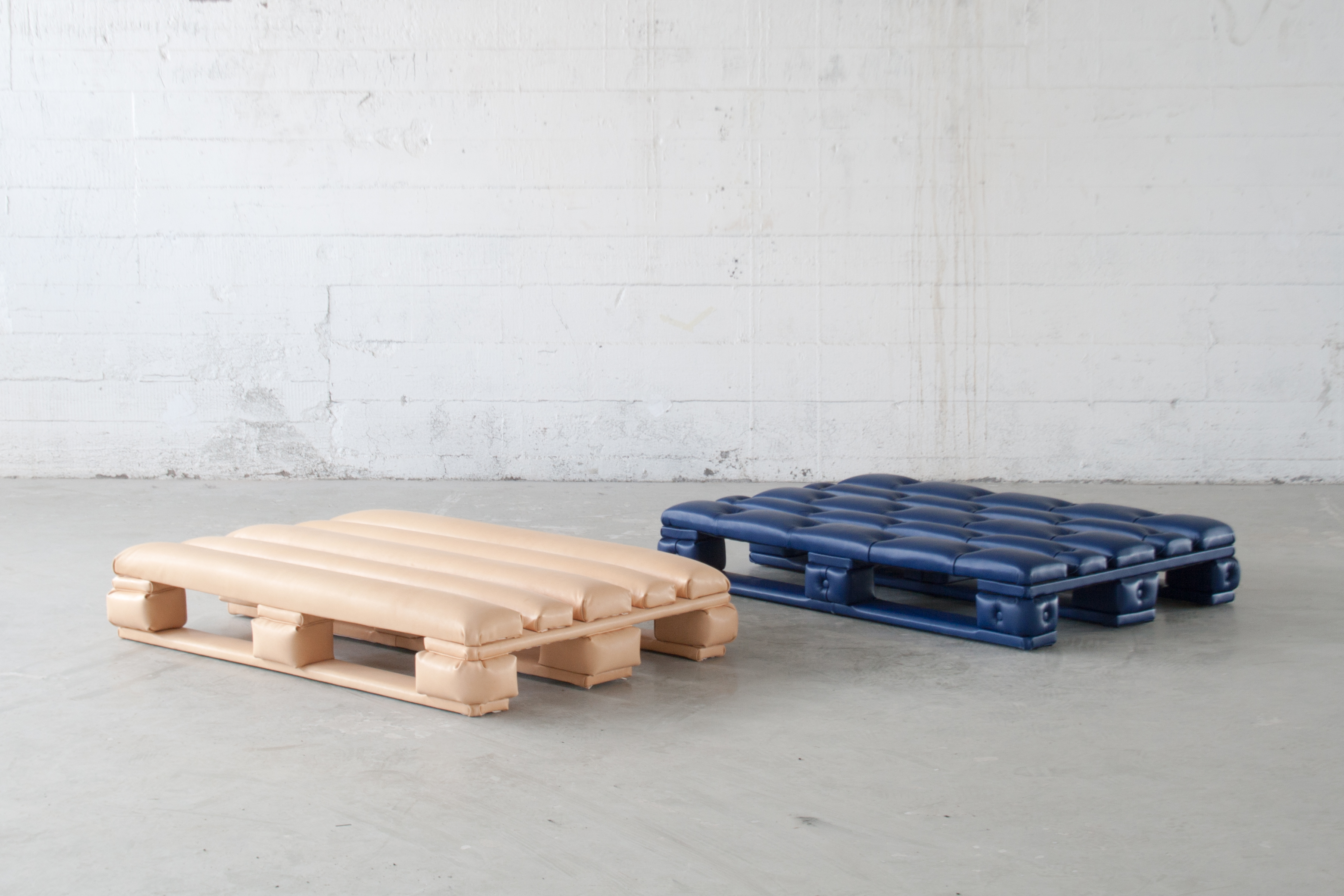 Blue Palletsofa, upholstered pallet designed by Jarle Veldman